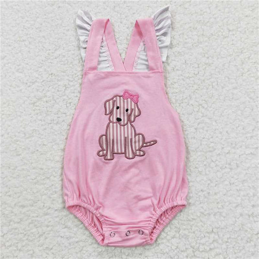 SR0303 Baby Girls Embroidered Puppy Pink Flying Sleeve Onesie