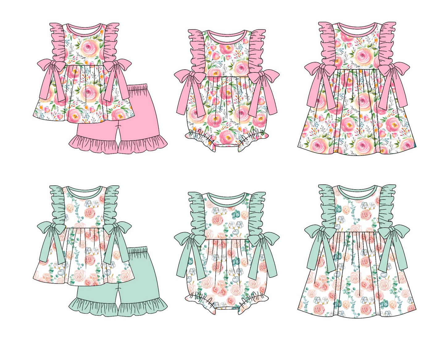 GSSO1004 Floral green lace bow sleeveless shorts suit
