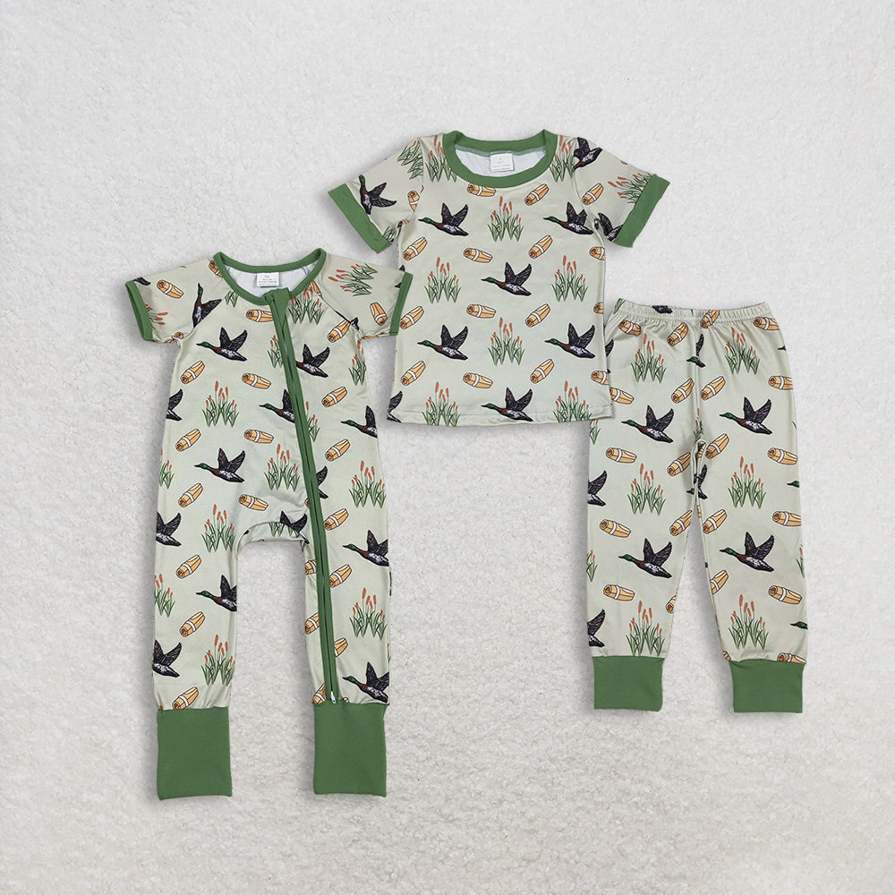 Sibling Baby Boys Hunting Pajamas Set with Ducks Calls Design Zipper Rompers And Pants for Comfortable Sleep And Play