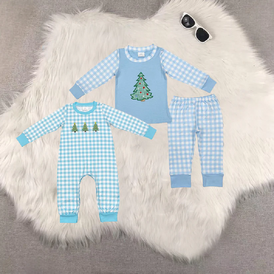 Match Embroidery Christmas Tree Blue Plaid Long Sleeve Long Pants Pajama Set Romper D 5.26