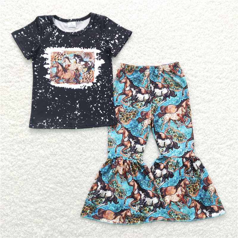 Match Baby Girls Sibling Horse Boots Tee Top Bell Pants Western Outfits Sets
