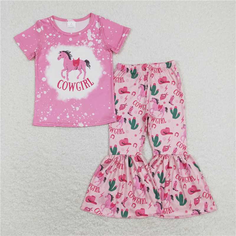 Match Baby Girls Sibling Horse Boots Tee Top Bell Pants Western Outfits Sets