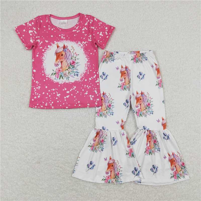 Match Baby Girls Sibling Horse Boots Tee Top Bell Pants Western Outfits Sets