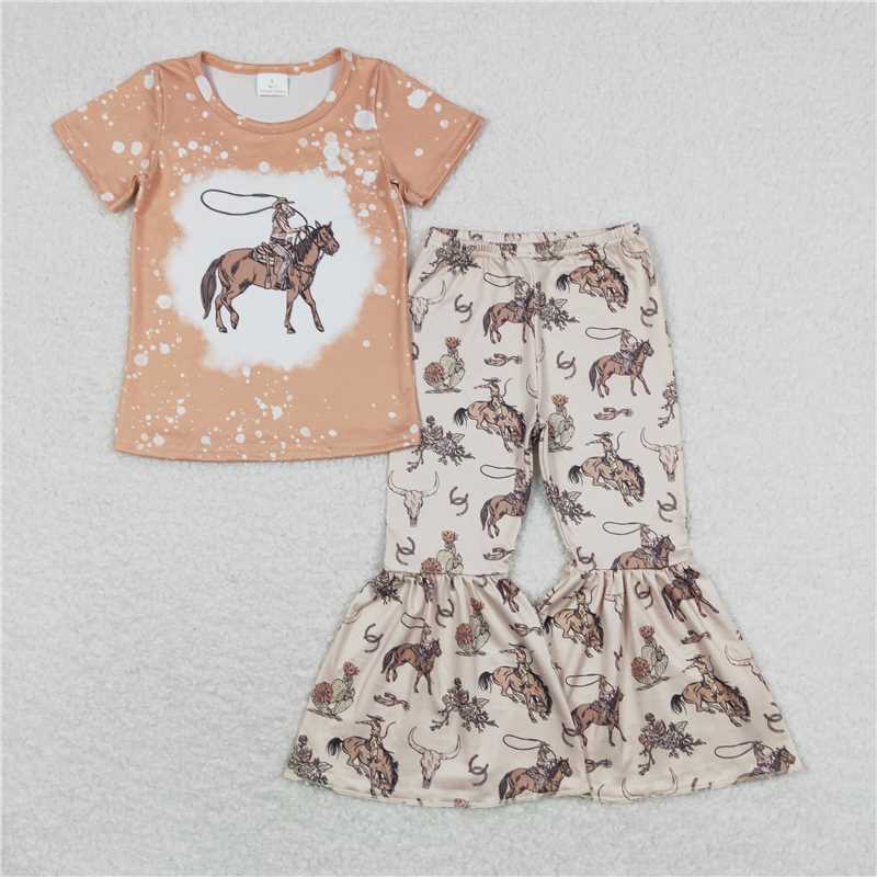 Match Baby Girls Sibling Horse Boots Tee Top Bell Pants Western Outfits Sets
