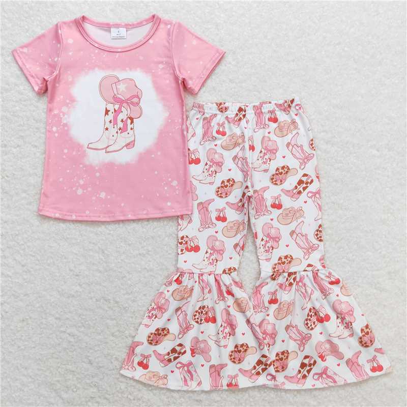 Match Baby Girls Sibling Horse Boots Tee Top Bell Pants Western Outfits Sets