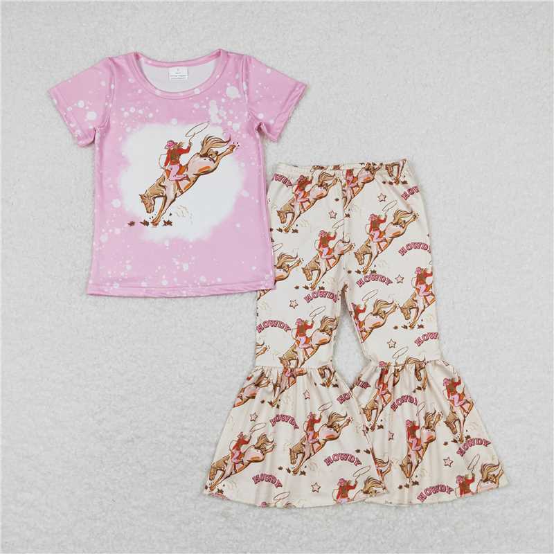 Match Baby Girls Sibling Horse Boots Tee Top Bell Pants Western Outfits Sets