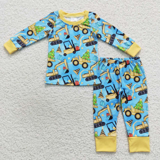 BLP0309 Christmas tree truck construction vehicle blue and yellow long-sleeved trousers suit