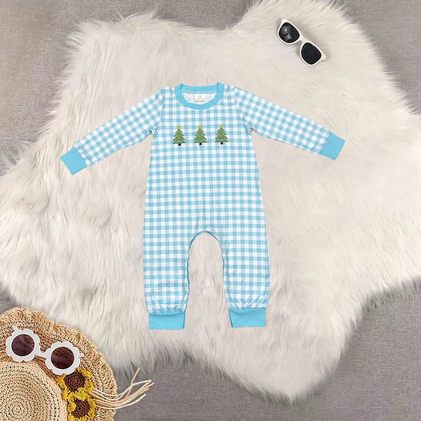 Match Embroidery Christmas Tree Blue Plaid Long Sleeve Long Pants Pajama Set Romper D 5.26