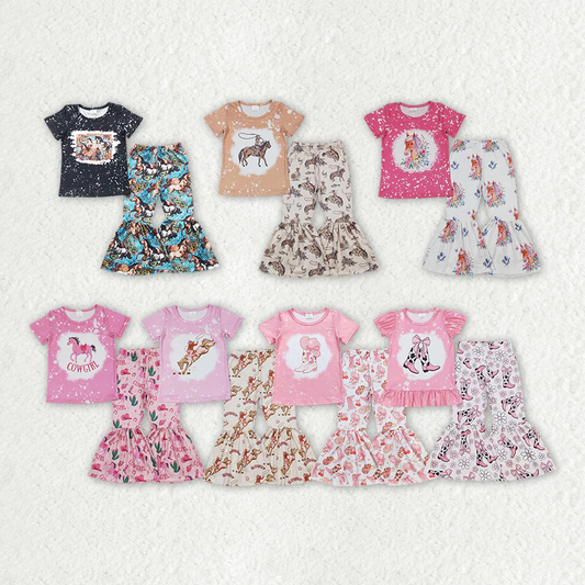 Match Baby Girls Sibling Horse Boots Tee Top Bell Pants Western Outfits Sets