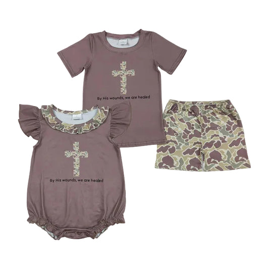 Sibling Baby Boys Brown Cross Camouflage Easter Rompers Outfits