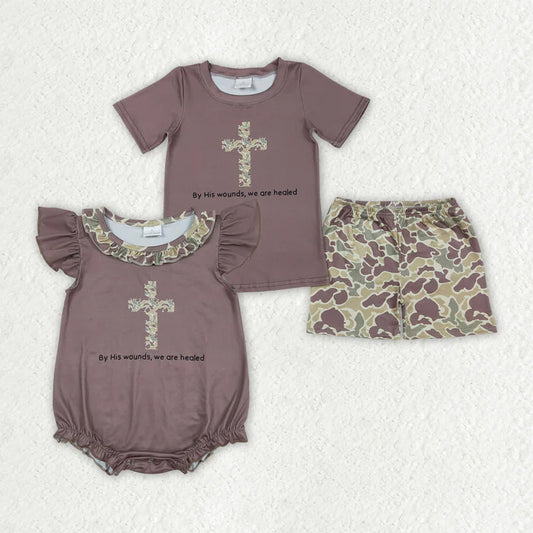 Sibling Baby Boys Brown Cross Camouflage Easter Rompers Outfits D 7.22