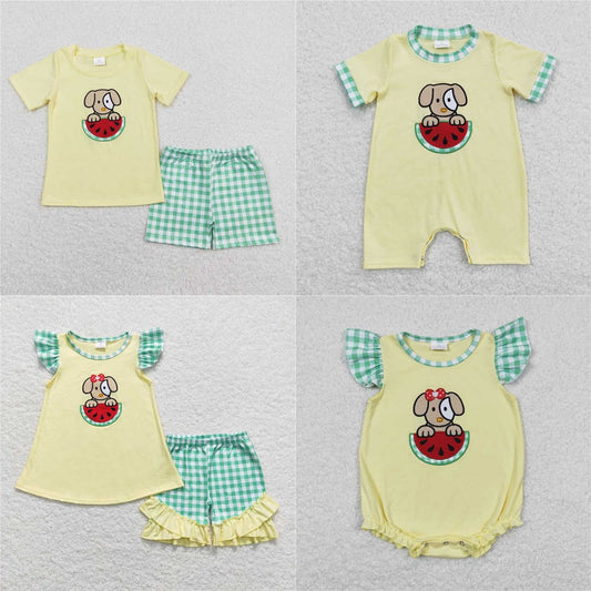 Match Baby Girls Dog Watermelon Sibling Boys Rompers Shorts Clothes Sets