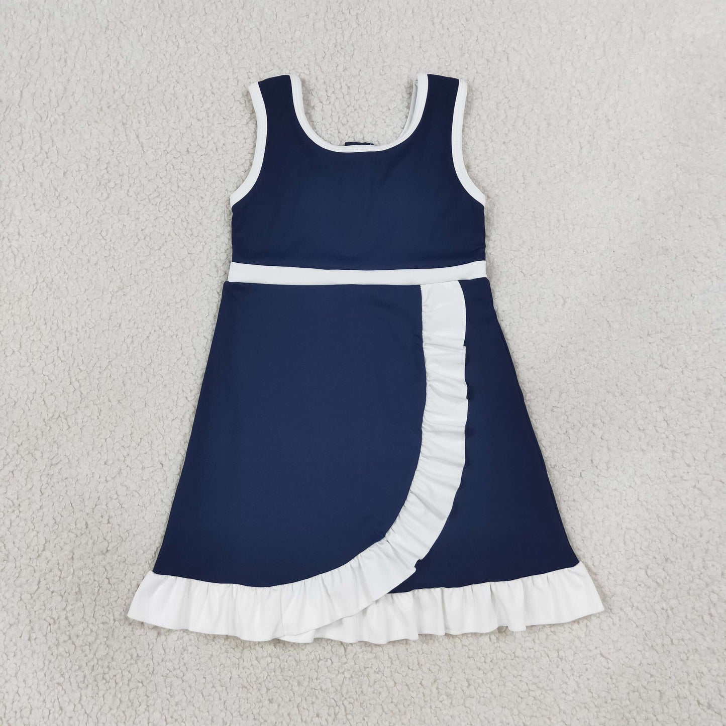 sleeveless navy blue bow ruffle kids girls summer athletic dress