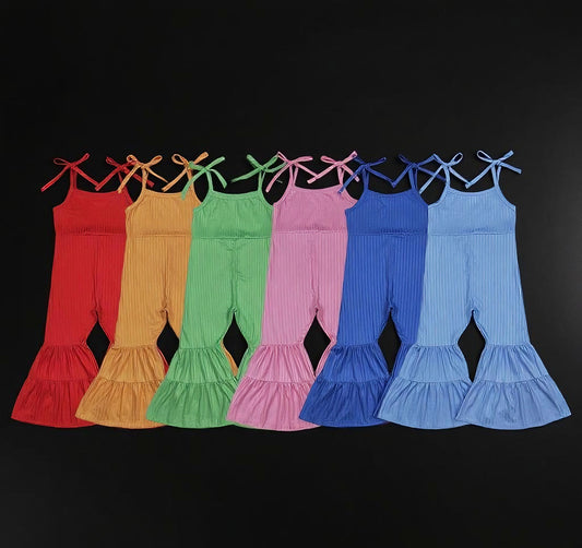 Sibling Baby Girls Colorful Strap Bell Bottom Ribbed Jumpsuits D 901