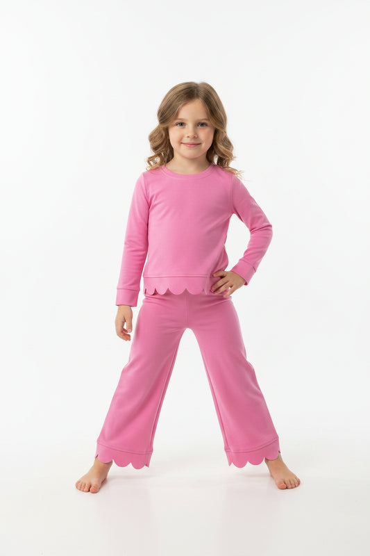 long sleeve cotton pink scallop pants outfit