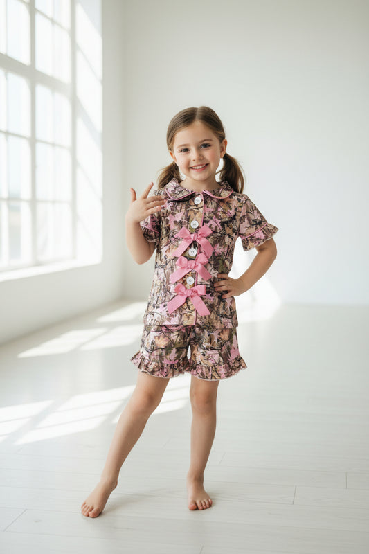 camo bow button down shorts pajama set girls sleepwear