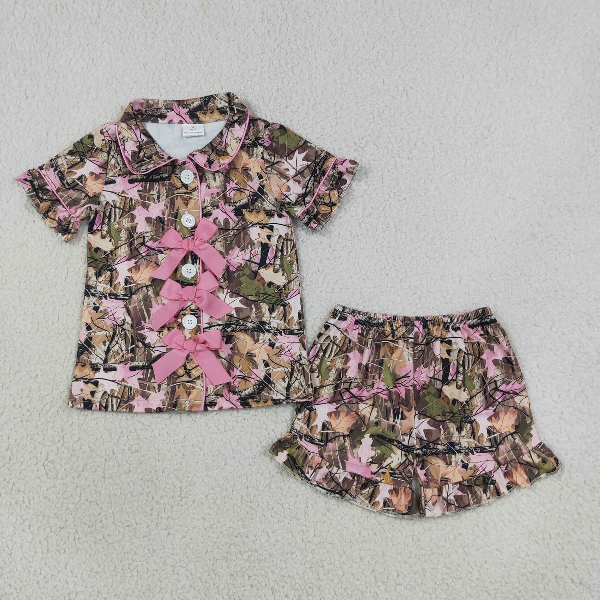 camo bow button down shorts pajama set girls sleepwear