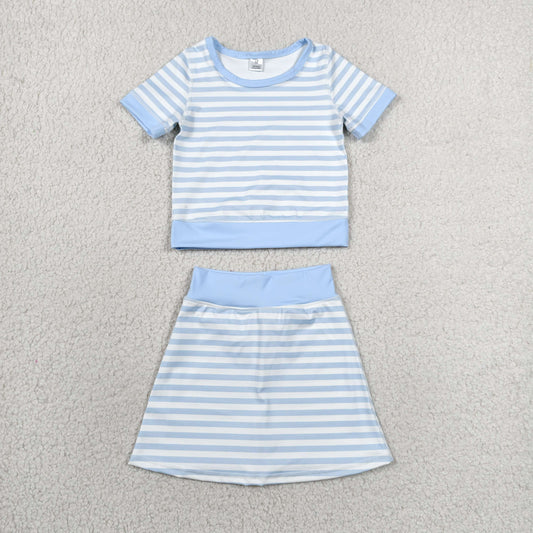 short sleeve blue stripes athletic skort outfit girls clothes