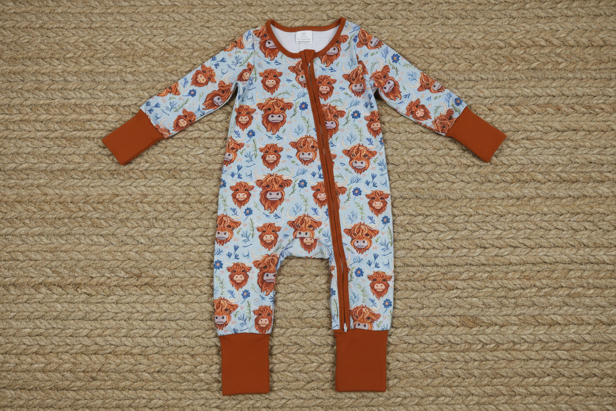 LR1787 long sleeve highland cows zipper sleeper baby clothing