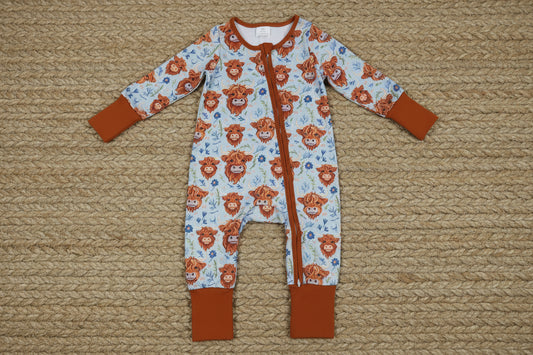 LR1787 long sleeve highland cows zipper sleeper baby clothing