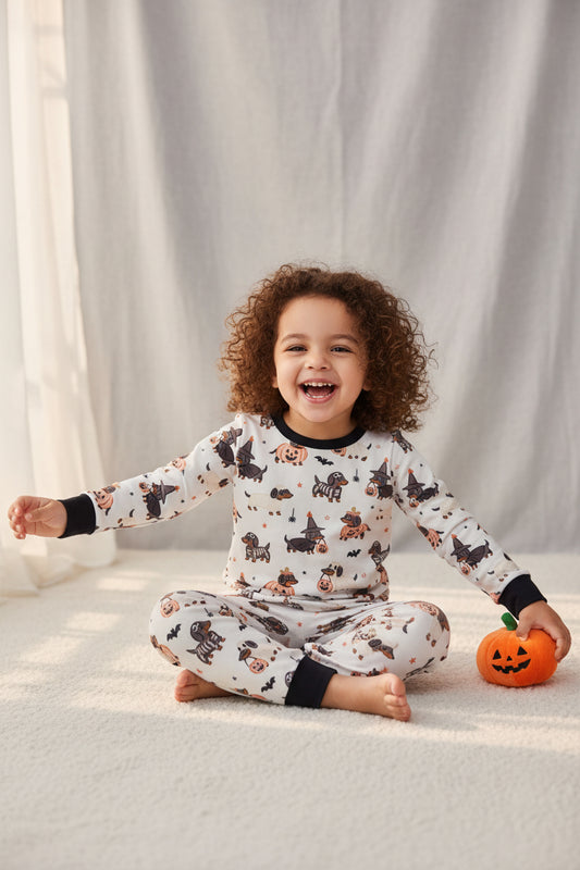 Halloween orange and black dachshund dogs boy pajamas
