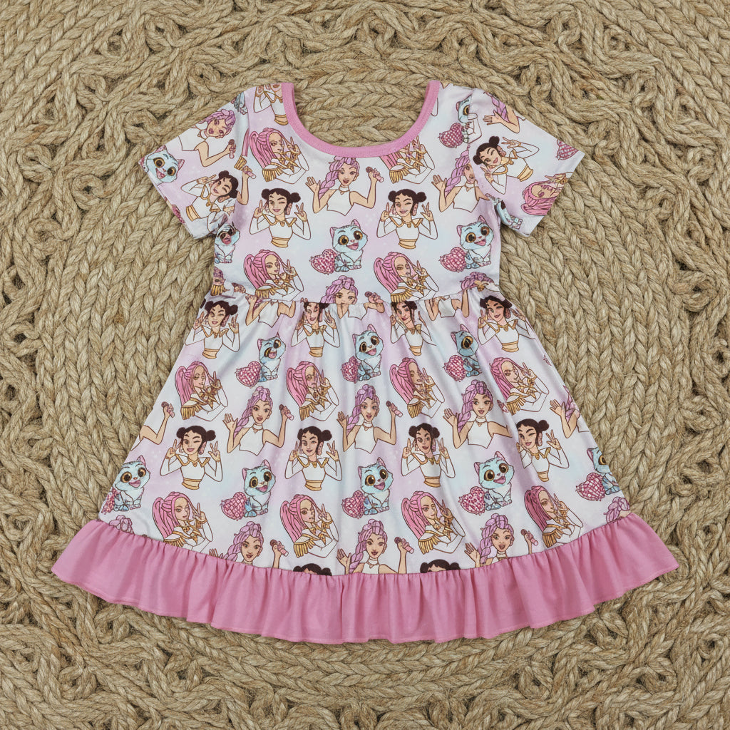 short sleeve pink ruffle kpop dress
