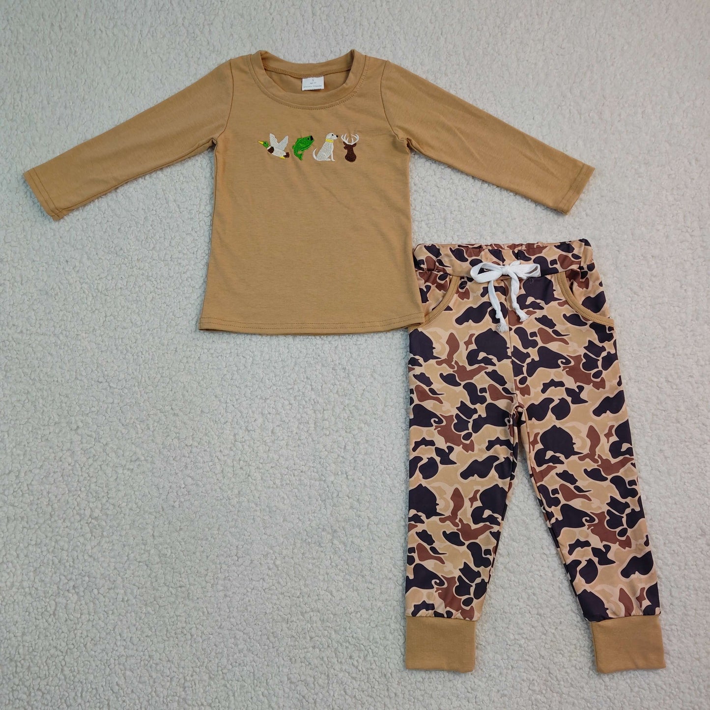 brown hunting duck fish dog deer embroidery joggers boy outfit
