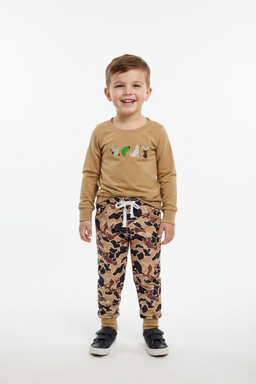 brown hunting duck fish dog deer embroidery joggers boy outfit