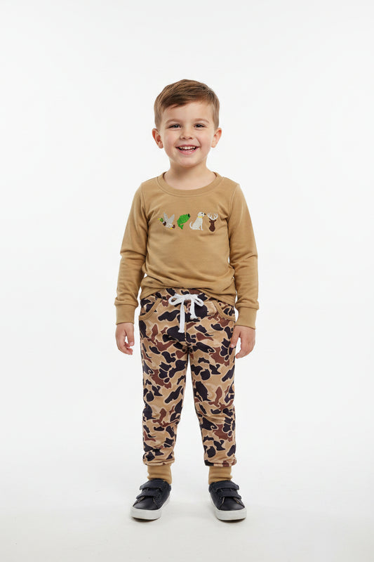 brown hunting duck fish dog deer embroidery joggers boy outfit