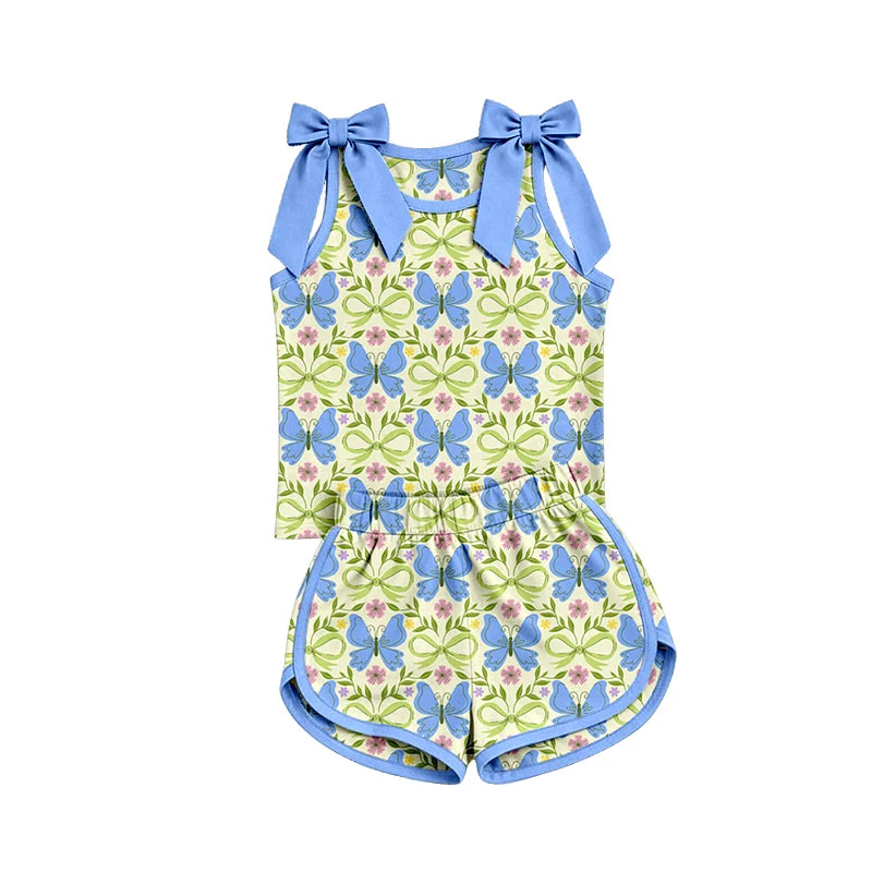 Custom order MOQ 3 Baby Girls Bows Sleeveless Butterfly Flowers Checked Top Short Clothes Set