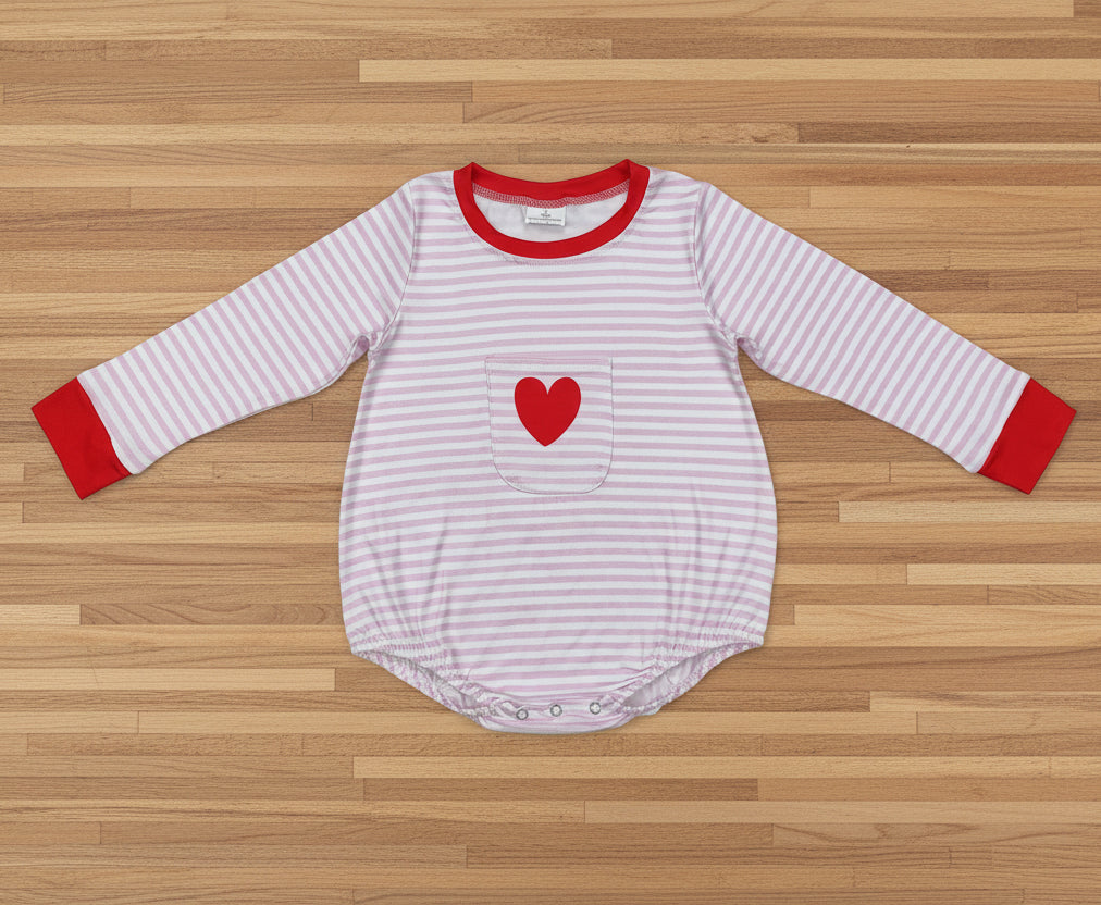 baby girl valentine pink stripes heart pocket romper