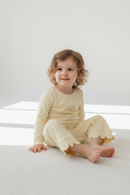 long sleeve cotton yellow scallop pants outfit