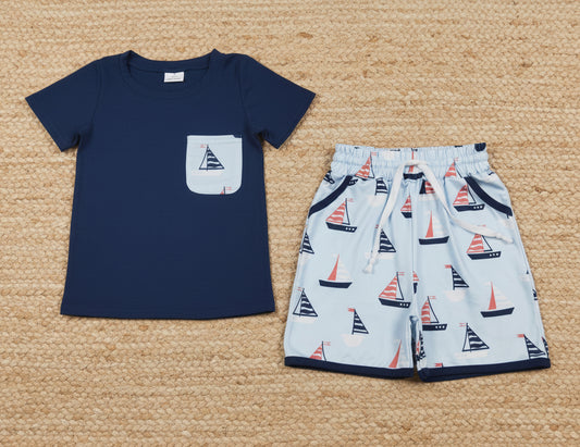 red white blue sailboat 4th of July boys shorts outfit