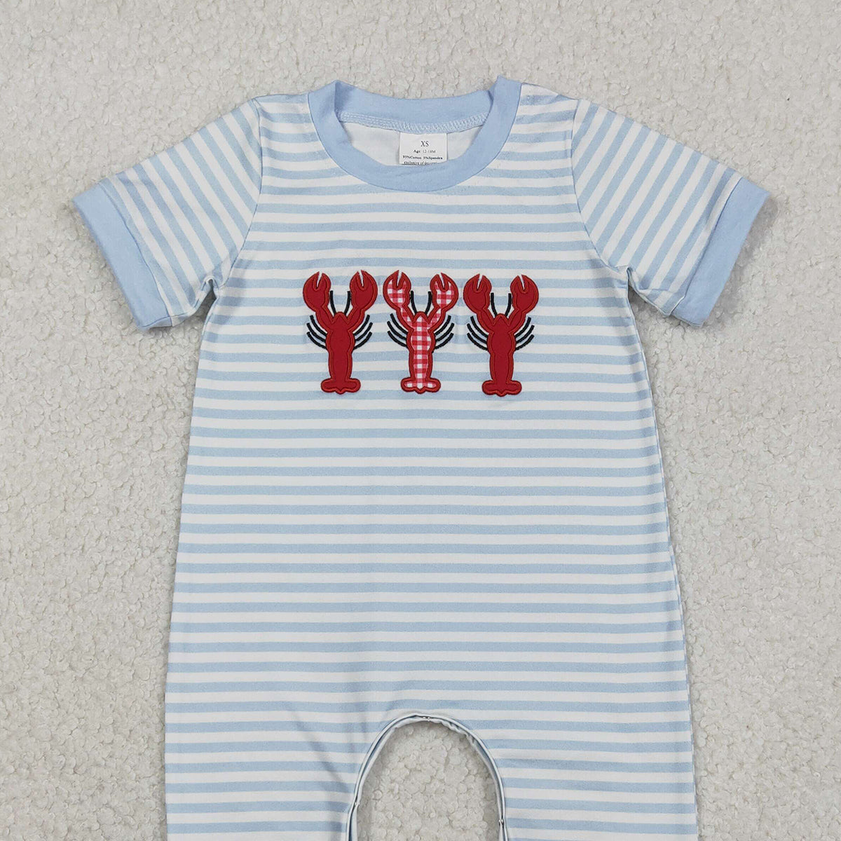 Baby Boys Grey Stripe Footie Rompers Embroidery Crayfishes Crawler Pants Long Sleeve Bodysuit for Newborns