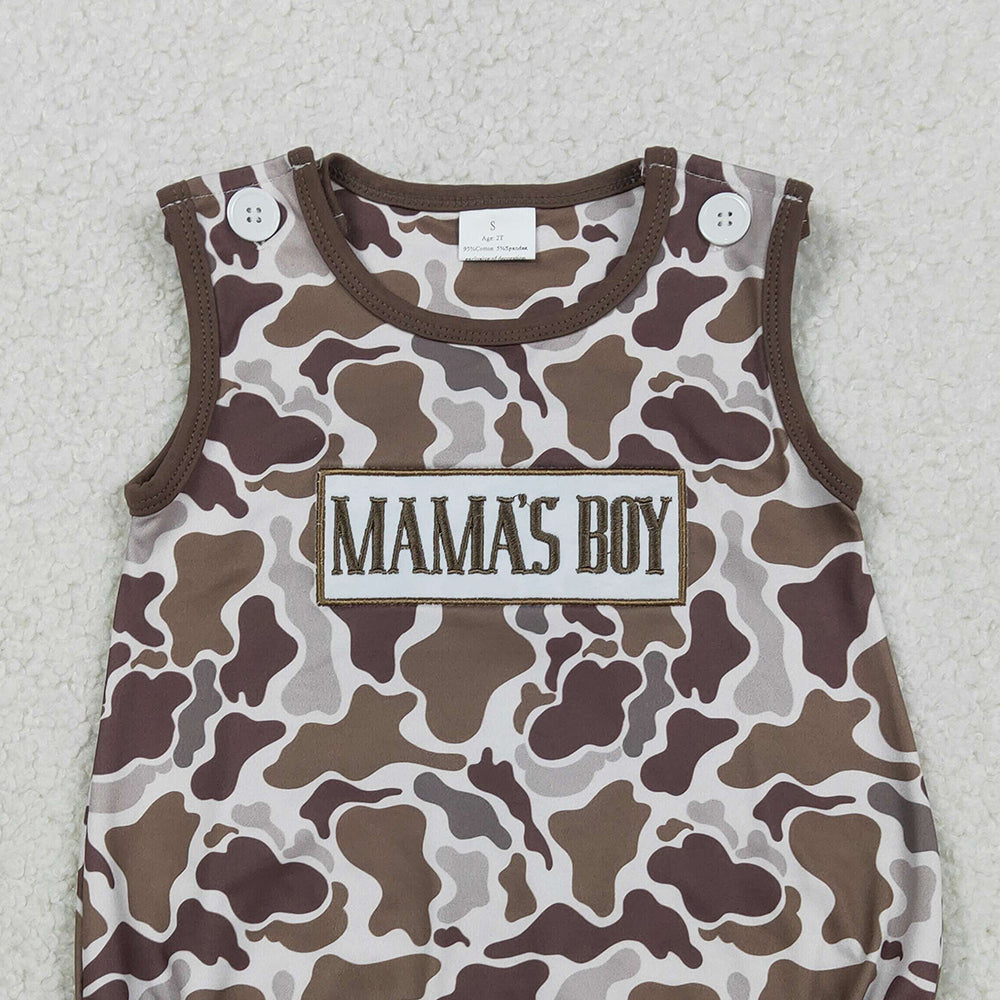 RTS NO MOQ（In Stock ) SR3889 Embroidery Mama's Boy Southern Brown Camo Sleeveless Rompers