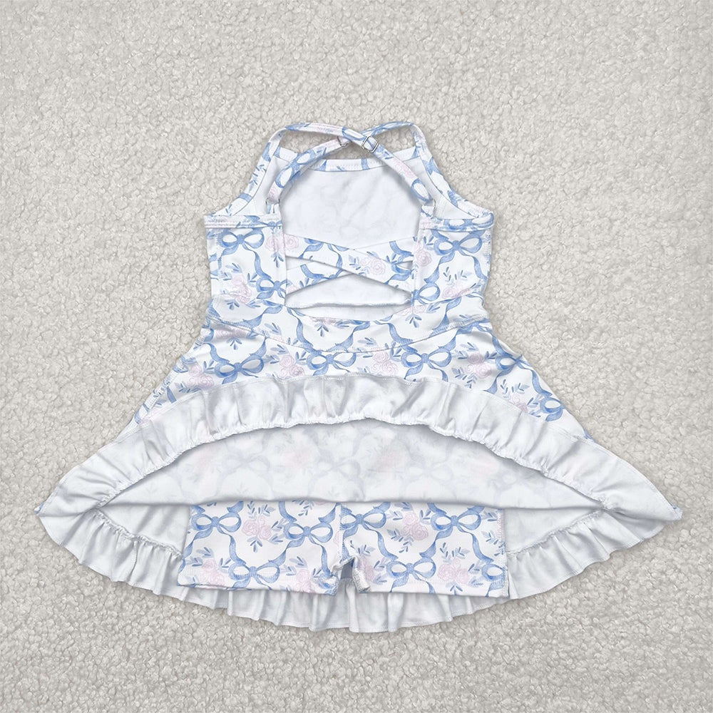 GSD2290 Baby Girls Strap Blue Bows Floral Yoga Ruffle Knee Length Dresses