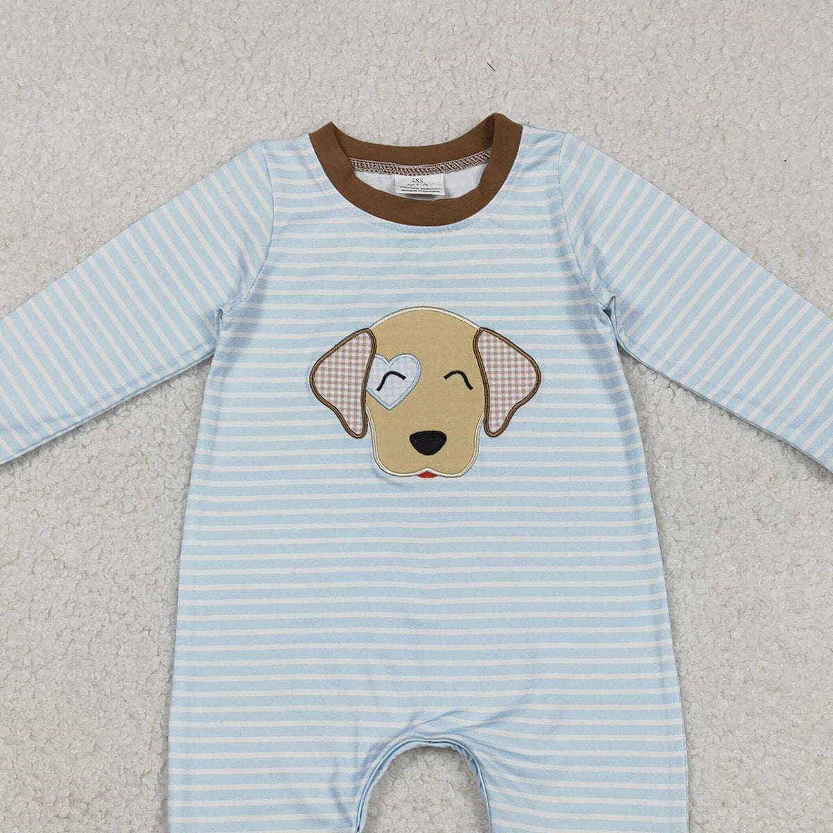Valentine's Day Embroidery Dog Baby Boys Blue Stripe Footie Rompers Cute Infant Boys Outfit with Footies for Cozy Wear