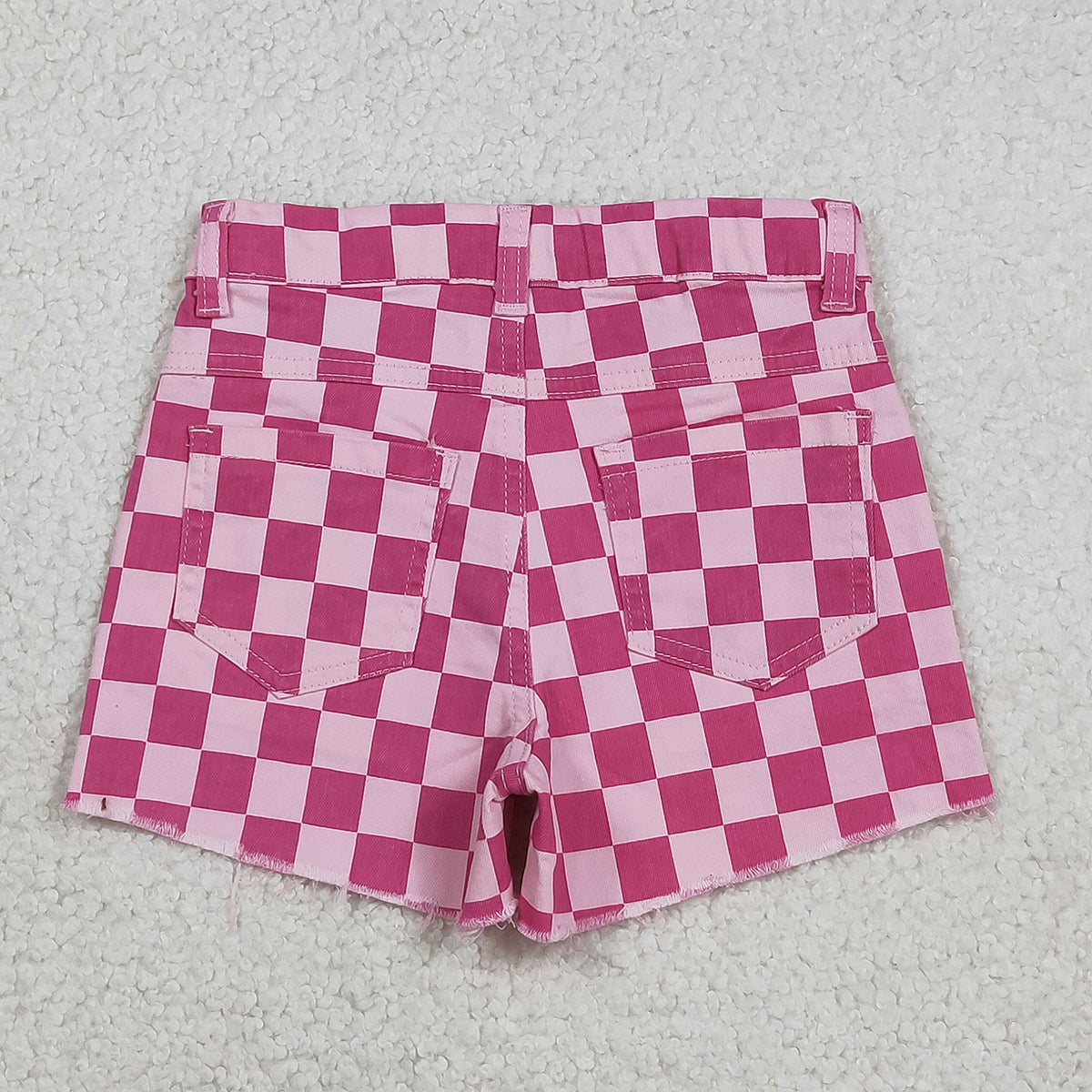 Baby Girls Pink Denim Shorts with Checked Pockets Bottom for Infants