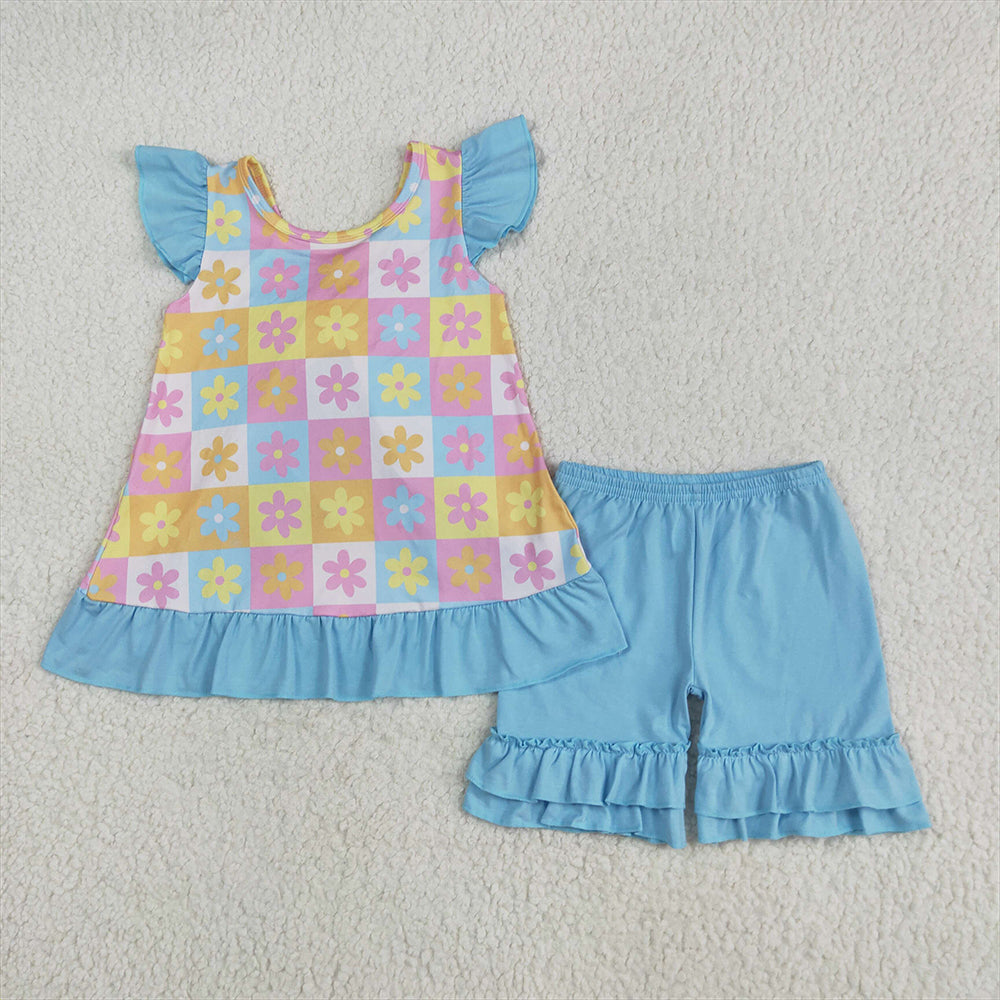 GSSO2623  Baby Girls Blue Flutter Sleeves Flowers Plaid Tunic Ruffle Shorts Set  D 5.22