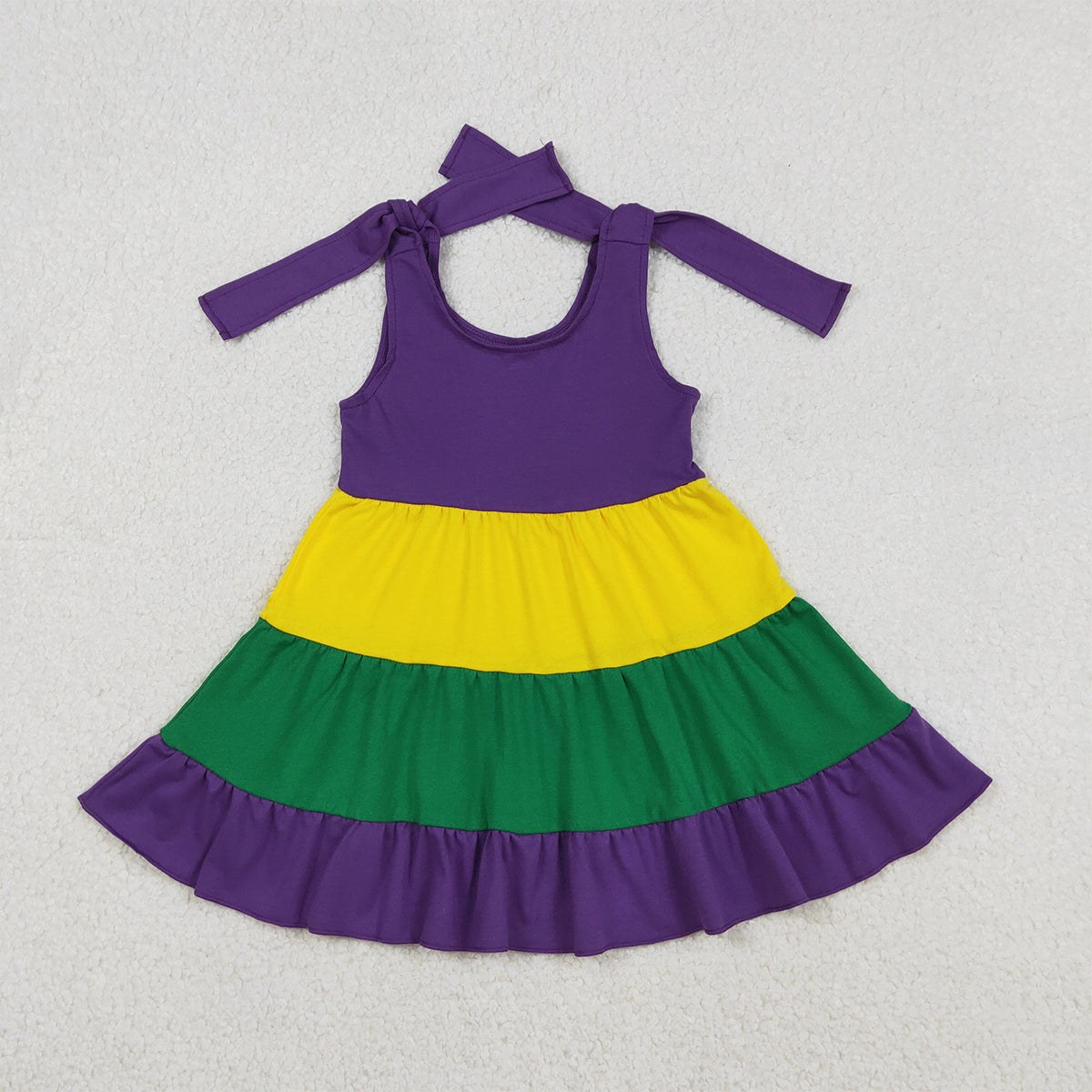 Baby Girls Patchwork Ruffle Knee-Length Dress with Bows Strap Mardi Gras Theme