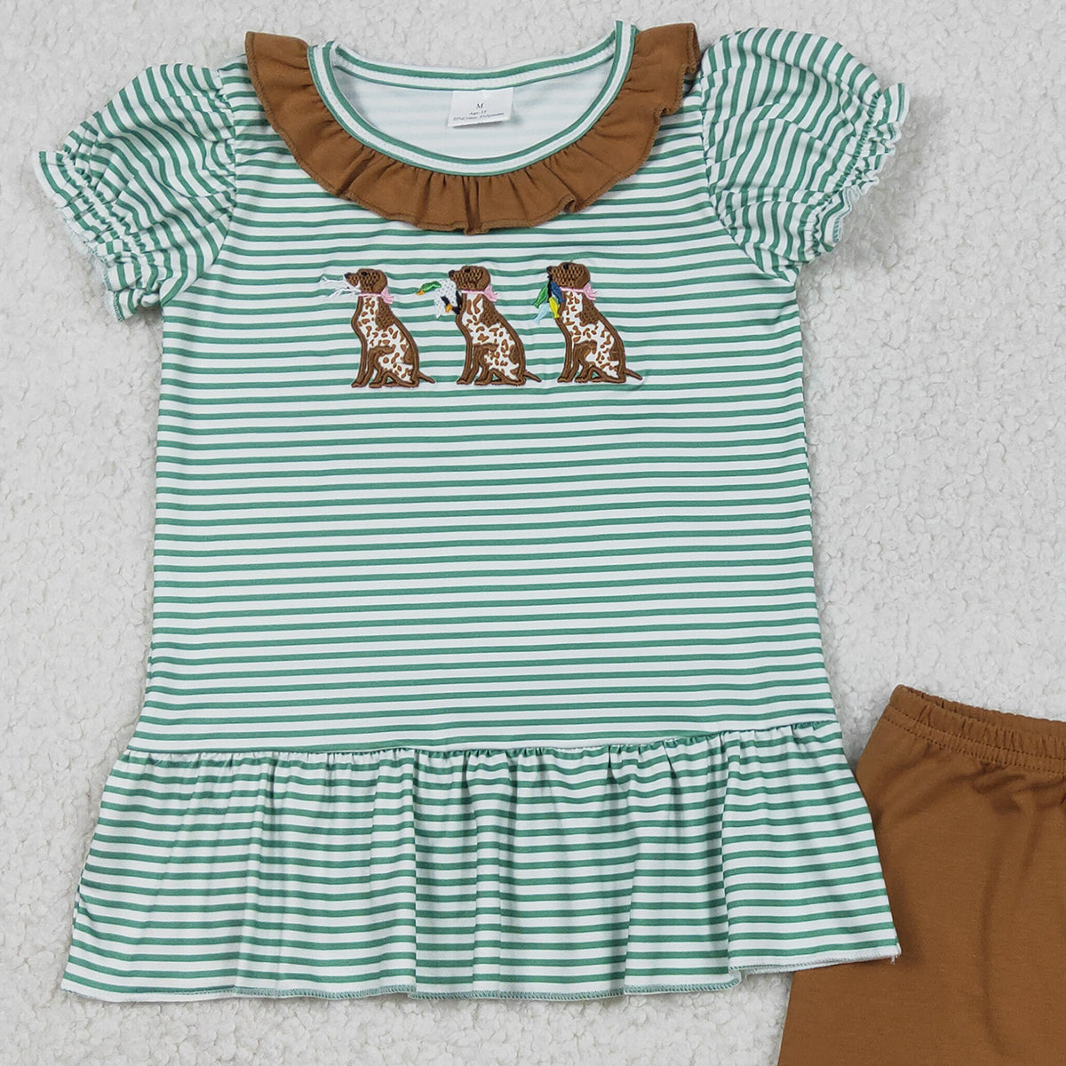 Baby Girls Hunting Clothes Sets Embroidery Ducks Dogs Stripe Collar Tunic Ruffle Shorts Outfit for Little Girls