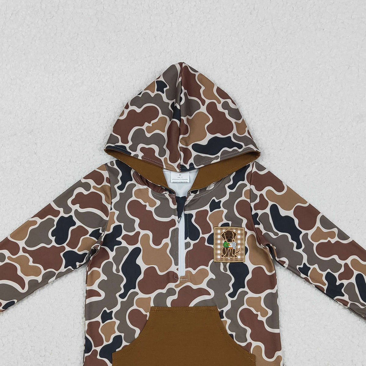 Baby Girls Brown Camo Zip Hoodie with Embroidery Dog Ducks Design And Pocket Hunting Top for Little Girls