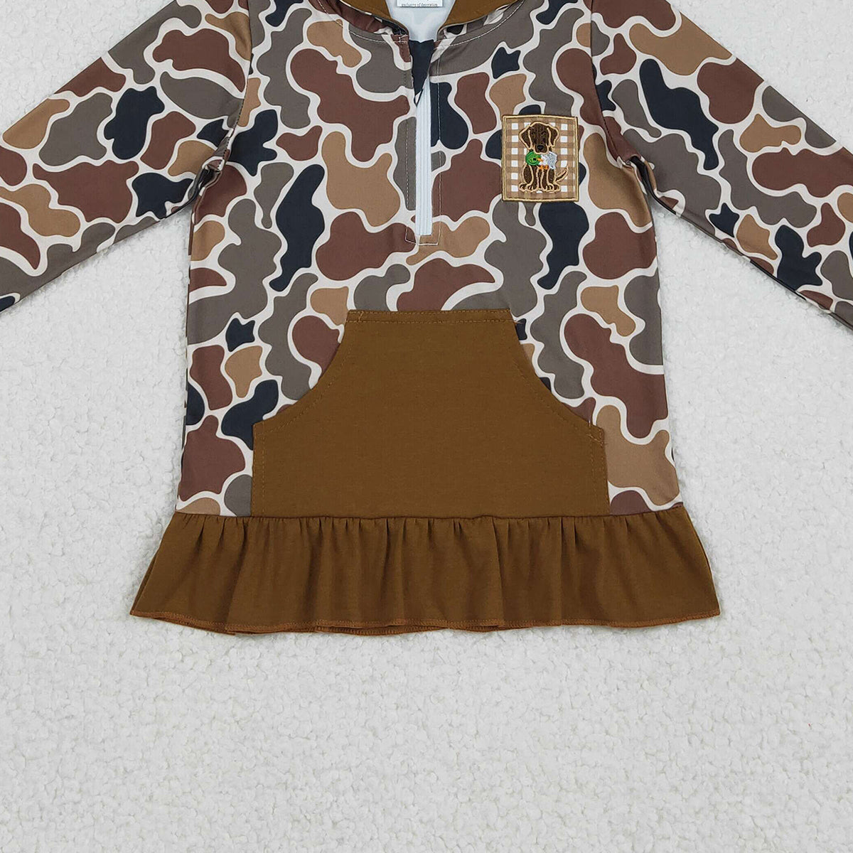 Baby Girls Brown Camo Zip Hoodie with Embroidery Dog Ducks Design And Pocket Hunting Top for Little Girls