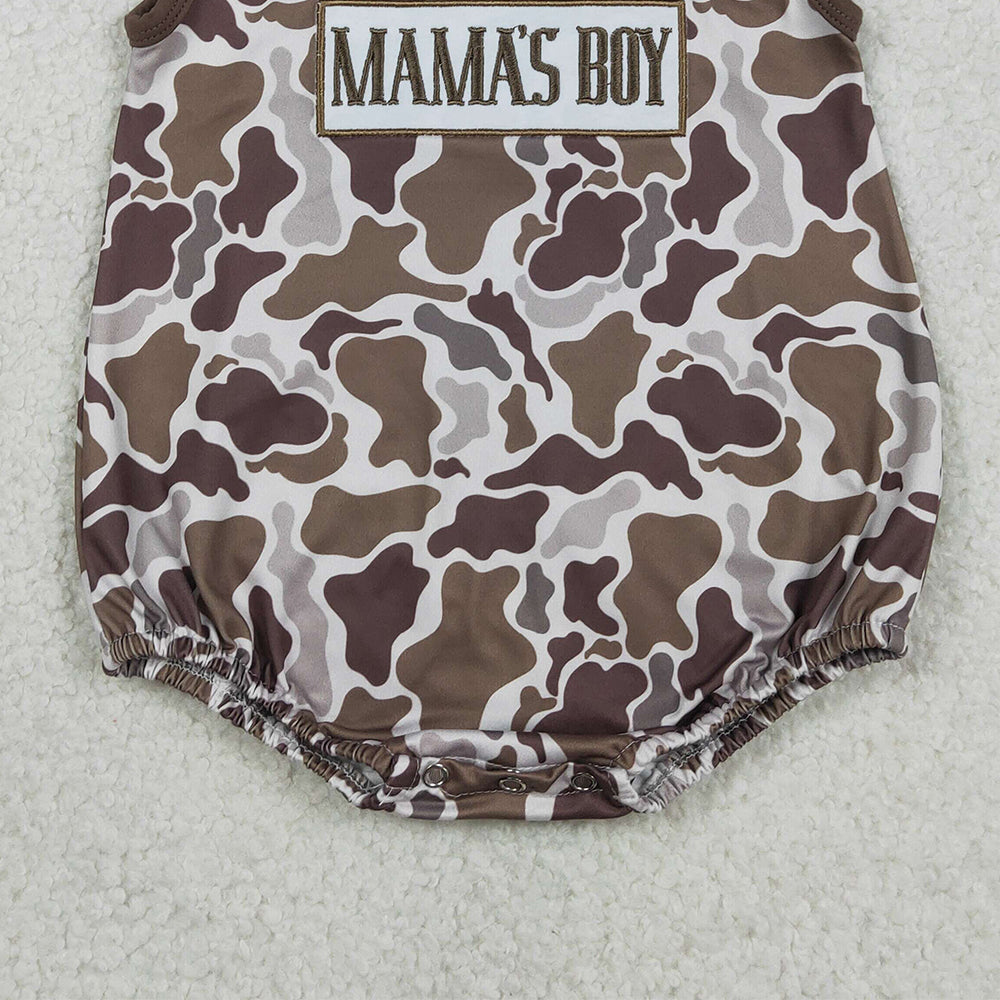 RTS NO MOQ（In Stock ) SR3889 Embroidery Mama's Boy Southern Brown Camo Sleeveless Rompers