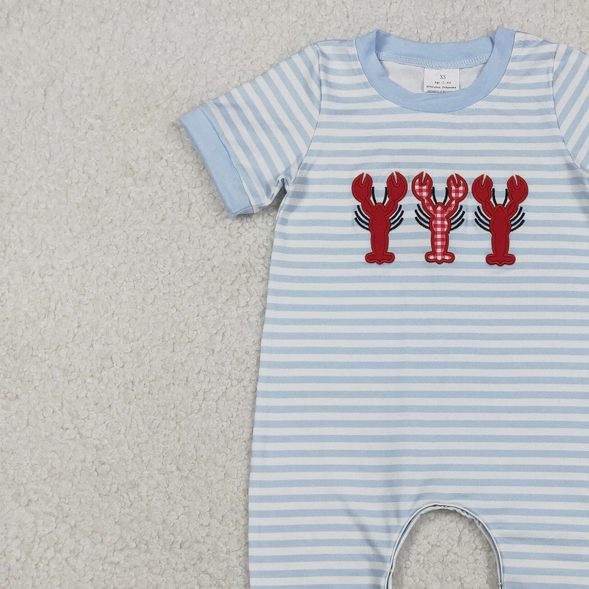 Baby Boys Grey Stripe Footie Rompers Embroidery Crayfishes Crawler Pants Long Sleeve Bodysuit for Newborns