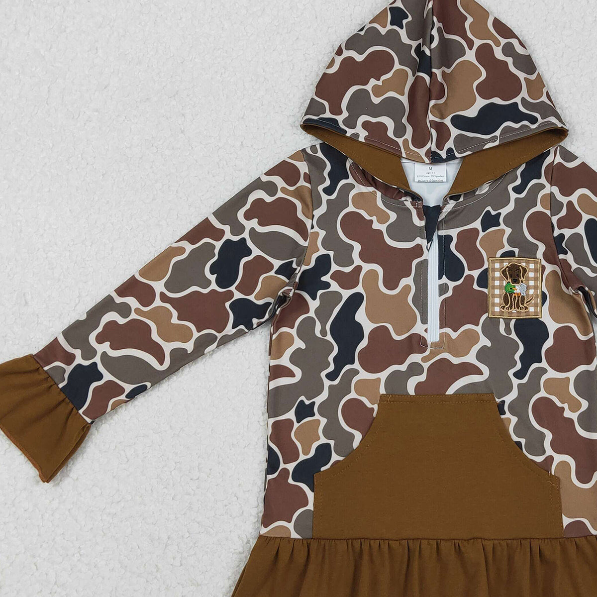 Baby Girls Brown Camo Zip Hoodie with Embroidery Dog Ducks Design And Pocket Hunting Top for Little Girls