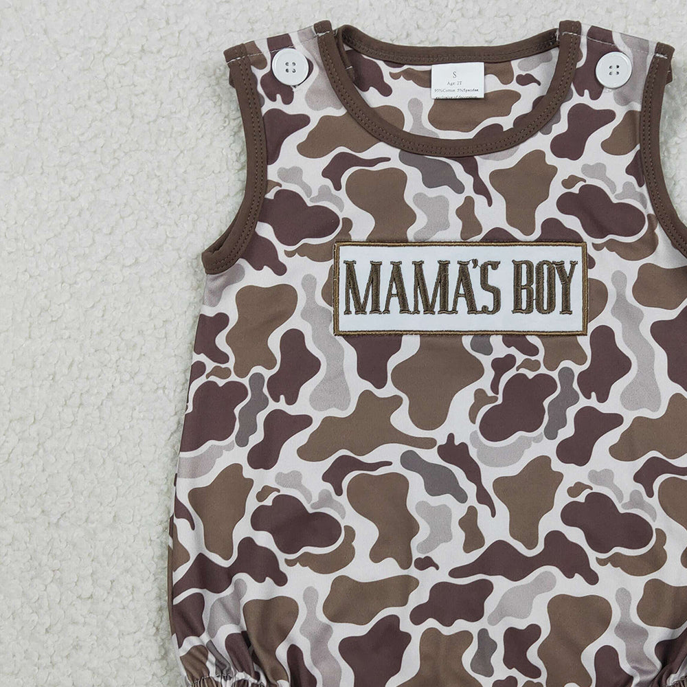 RTS NO MOQ（In Stock ) SR3889 Embroidery Mama's Boy Southern Brown Camo Sleeveless Rompers