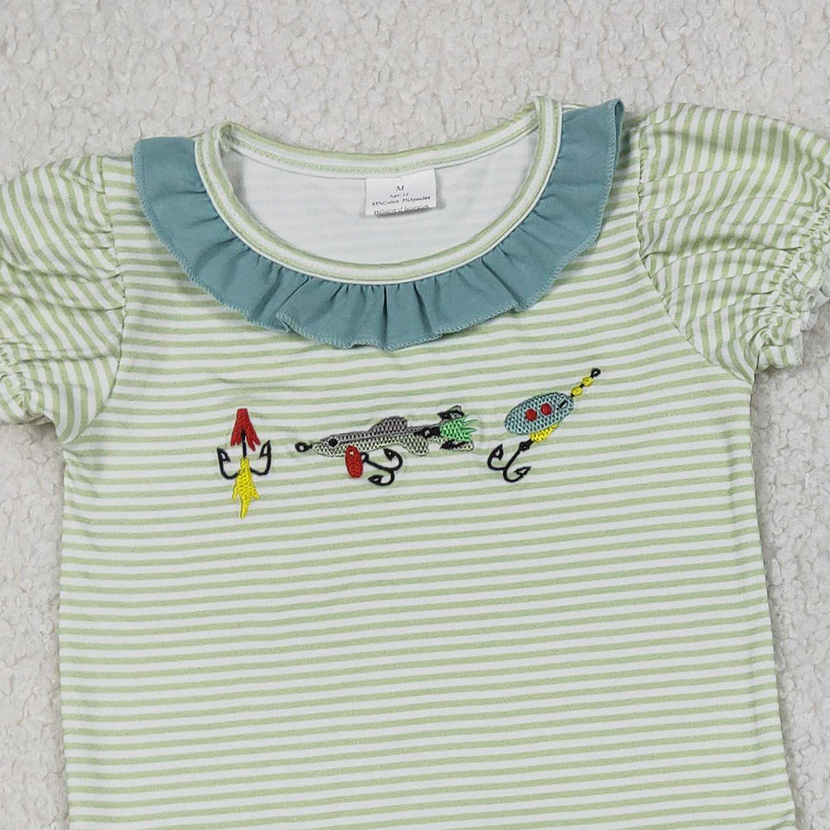 Embroidery Fishing Baby Girls Stripe Collar Tunic Ruffle Shorts Set Cute Hunting Theme Outfit for Little Girls