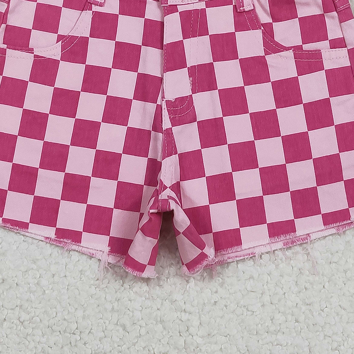 Baby Girls Pink Denim Shorts with Checked Pockets Bottom for Infants