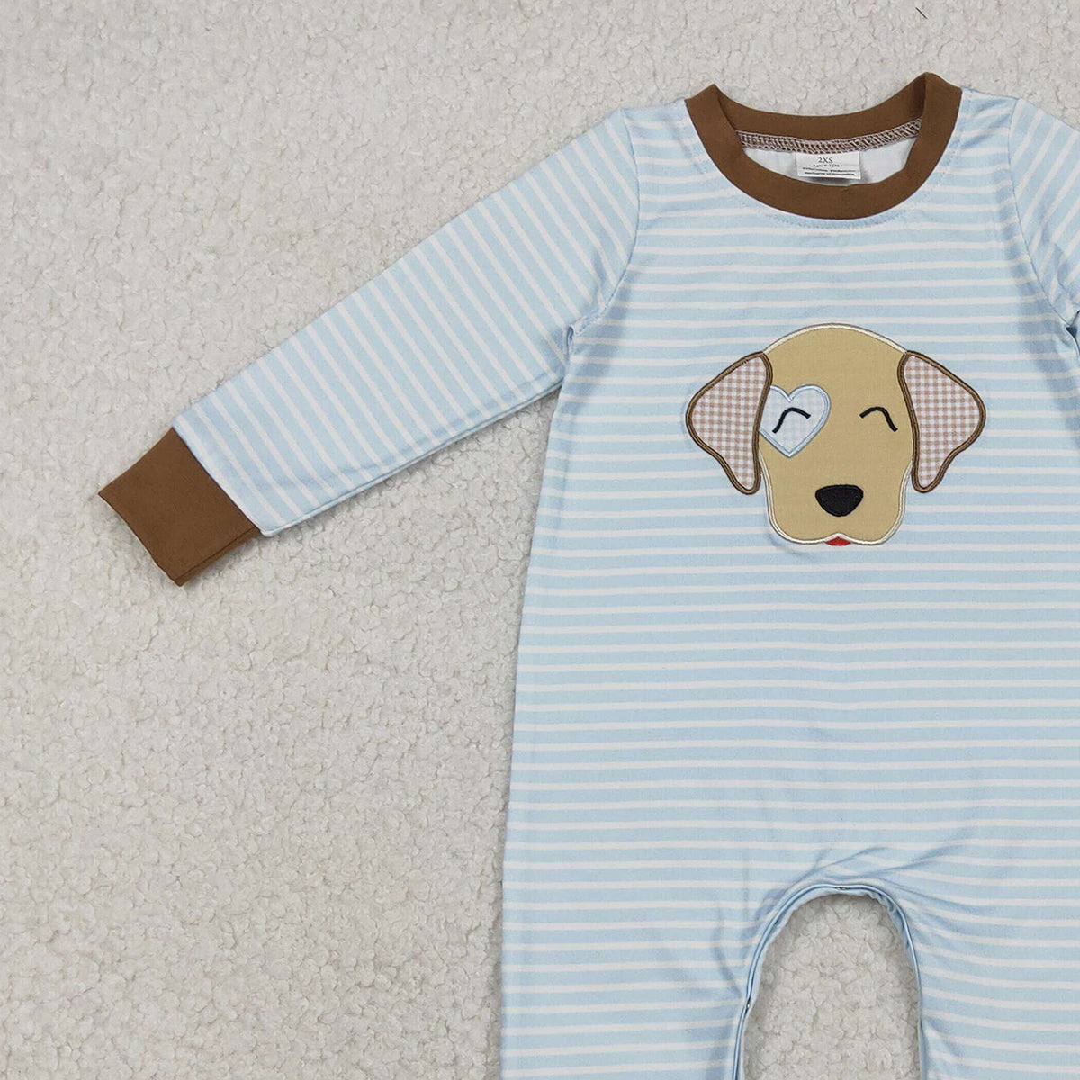 Valentine's Day Embroidery Dog Baby Boys Blue Stripe Footie Rompers Cute Infant Boys Outfit with Footies for Cozy Wear